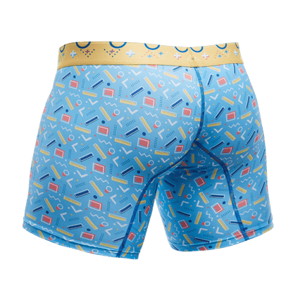 Malebasics boxer brief in blue with retro yellow red white geometric pattern and gold waistband on light blue background