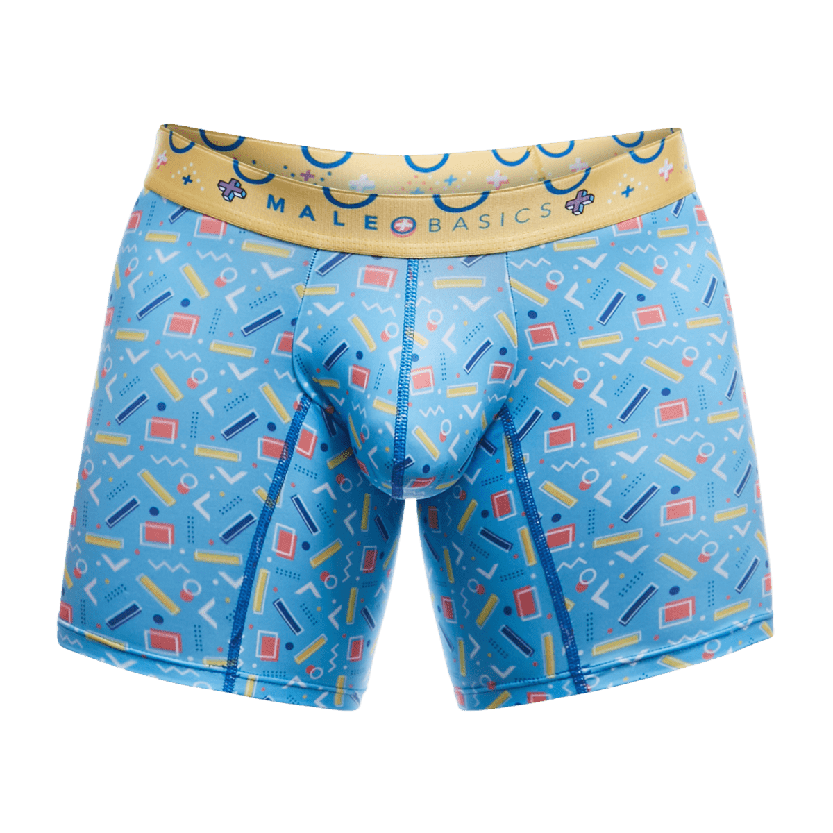 Blue male basics boxer briefs with retro yellow red white geometric pattern on light blue fabric and tan waistband