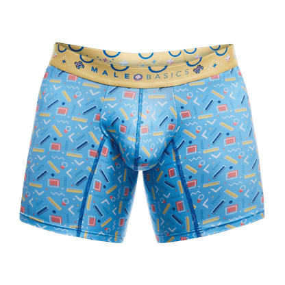 Blue male basics boxer briefs with retro yellow red white geometric pattern on light blue fabric and tan waistband