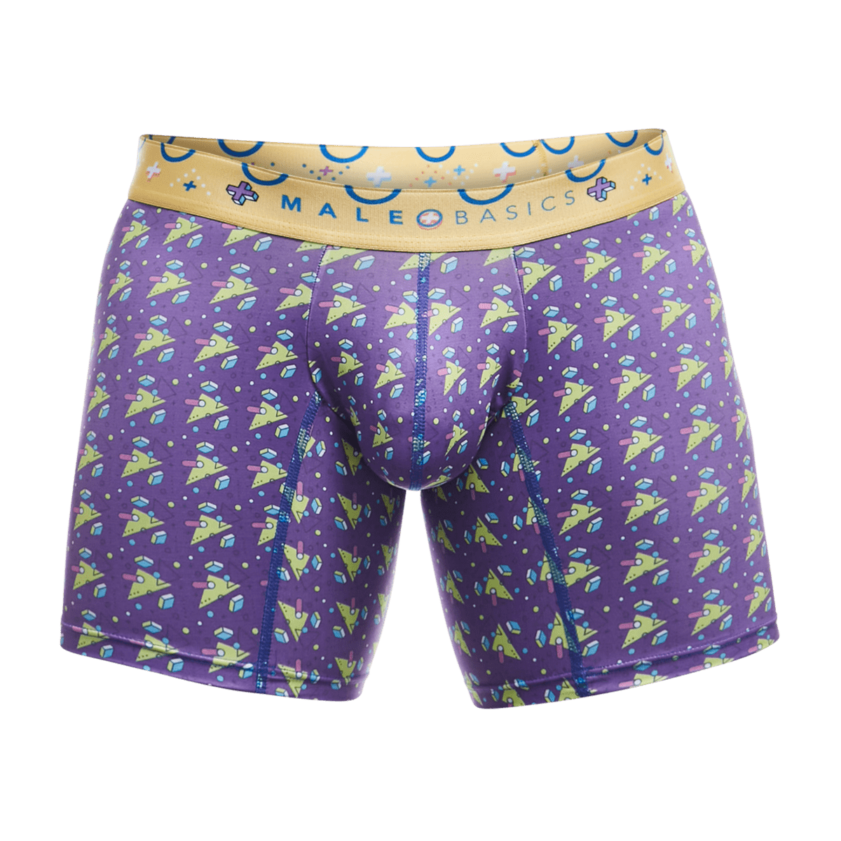 Purple malebasics boxer briefs with lime green and blue geometric pattern and yellow branded waistband