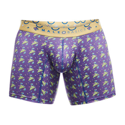 Purple malebasics boxer briefs with lime green and light blue geometric pattern and yellow branded waistband