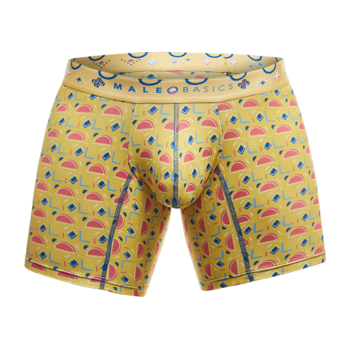 Malebasics boxer brief in yellow with playful pink watermelon slices blue diamonds and geometric shapes pattern