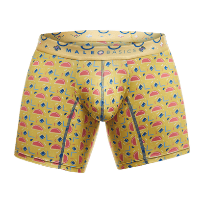 Malebasics boxer brief in yellow fabric with a playful pattern of pink watermelon slices and blue diamonds