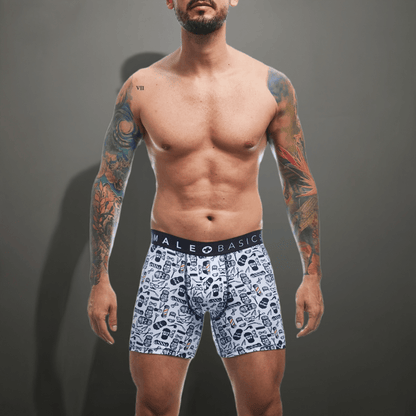 White male basic boxer briefs with black and white facial expression graphic print featuring barber skulls design