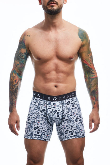 White boxer briefs with black cartoon skull print and male basics waistband in malebasics boxerbrief barber skulls design