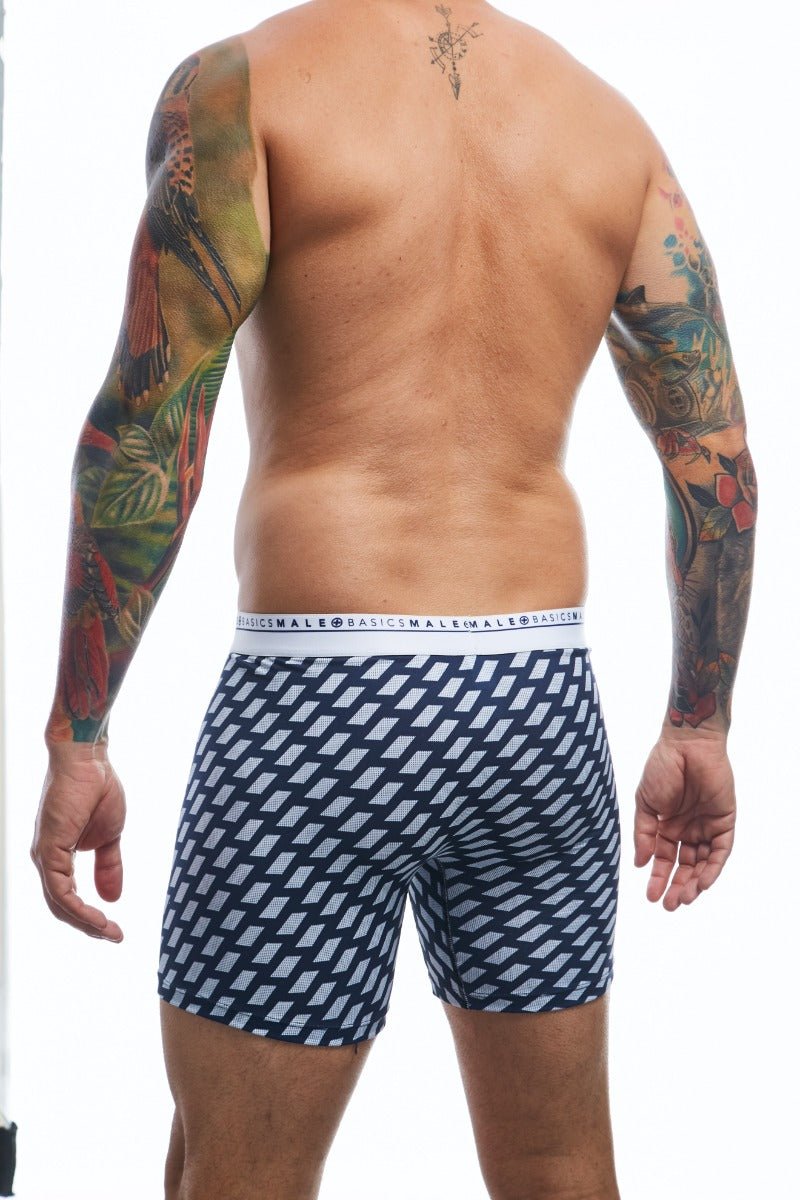 Navy blue and white geometric patterned Malebasics boxerbrief formula 1 with branded waistband for men