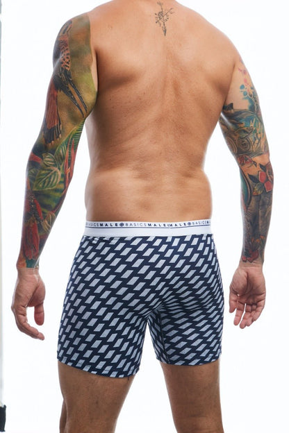 Navy blue and white geometric patterned Malebasics boxerbrief formula 1 with branded waistband for men