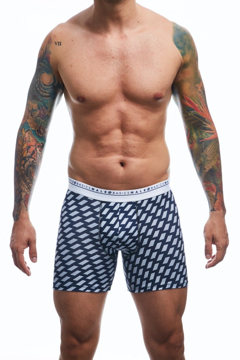 Navy blue and white geometric patterned Malebasics boxerbrief formula 1 with white elastic waistband and brand name