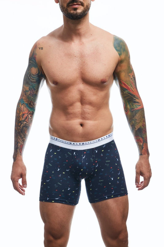 Dark blue malebasics boxerbrief party with colorful abstract shapes and basic m logo on white elastic waistband
