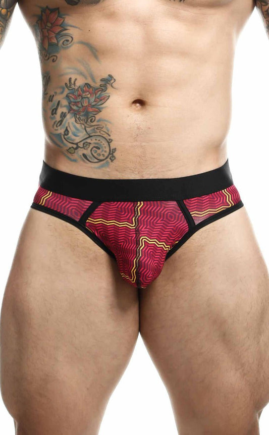 Malebasics brief sexy pouch featuring vibrant red and yellow patterned fabric with black trim on front side