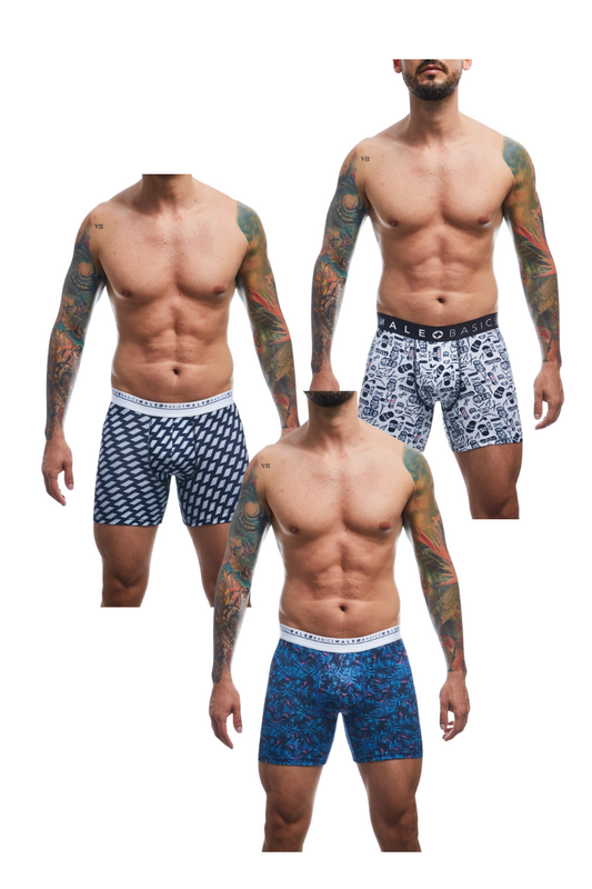Men’s boxer briefs bundle featuring male basic brand with navy geometric, white skull, and deep blue subtle patterns
