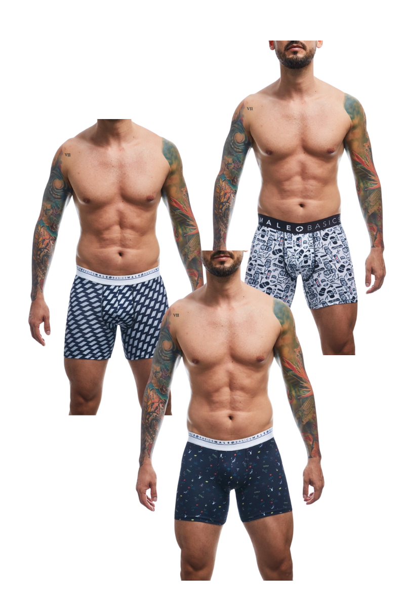 Three pairs of male basics boxer briefs in navy blue and white patterns with branded waistbands in malebasics bundle