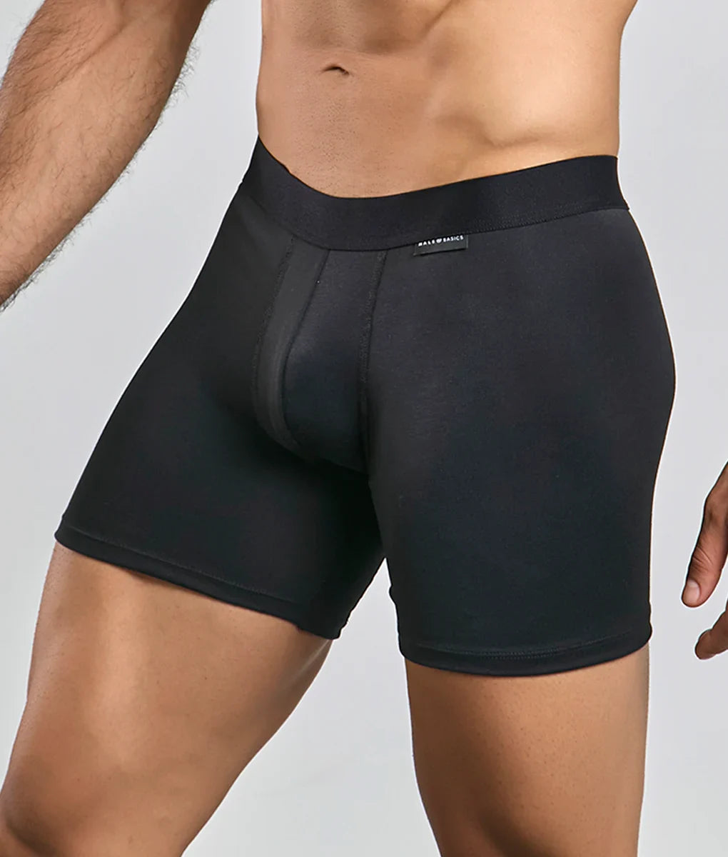 Malebasics classic tripack black men’s boxer briefs with smooth form-fitting fabric and subtle brand tag on waistband