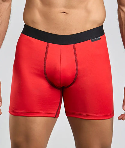 Malebasics classic tripack red men’s boxer briefs with black elastic waistband and subtle stitching details