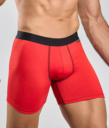 Red boxer briefs with black elastic waistband from malebasics classic tripack made of soft breathable fabric
