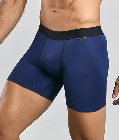 Navy blue men’s boxer briefs with black elastic waistband and mateo baka label from malebasics classic tripack