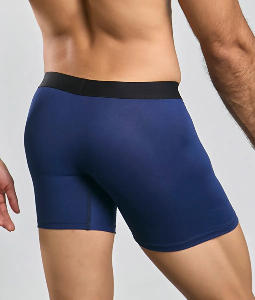Navy blue Malebasics classic tripack boxer briefs with black elastic waistband designed for comfortable everyday wear