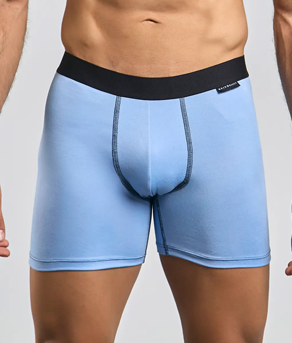 Light blue men’s boxer briefs with black elastic waistband and subtle dark stitching from malebasics classic tripack