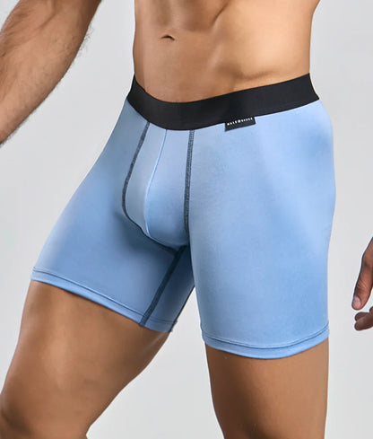 Light blue men’s boxer briefs with black malt brands waistband from malebasics classic tripack collection