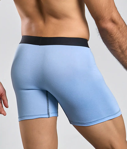 Light blue men’s boxer briefs with black elastic waistband from malebasics classic tripack in soft cotton blend