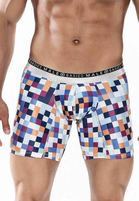 Malebasics hipster boxer brief pixels with vibrant blue orange purple pixelated pattern on white base and silver waistband