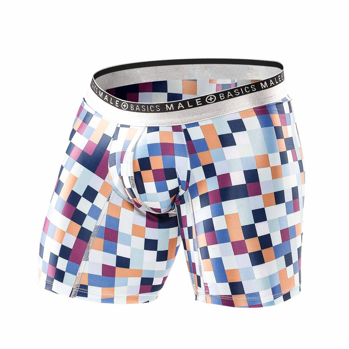 Malebasics hipster boxer brief pixels in vibrant blue orange purple and white pixelated pattern with silver waistband