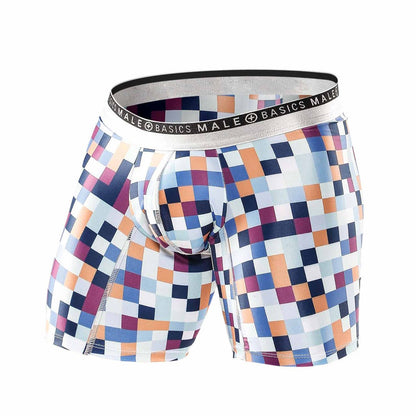 Malebasics hipster boxer brief pixels with vibrant blue orange purple and white pixelated pattern and silver branded waistband