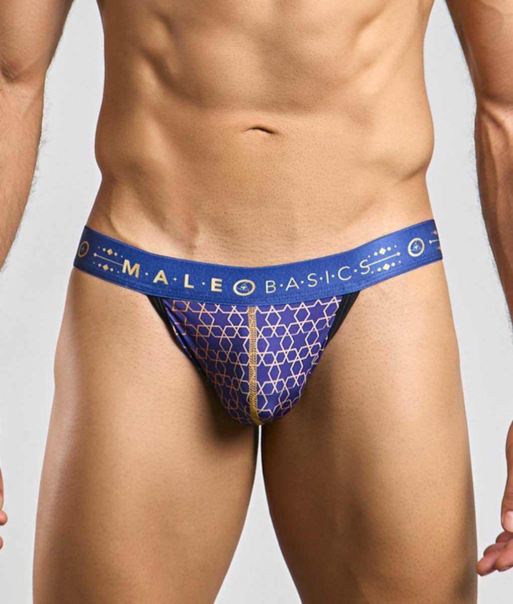 Malebasics hipster jockstrap with blue and gold geometric patterned briefs designed for male basics comfort and style