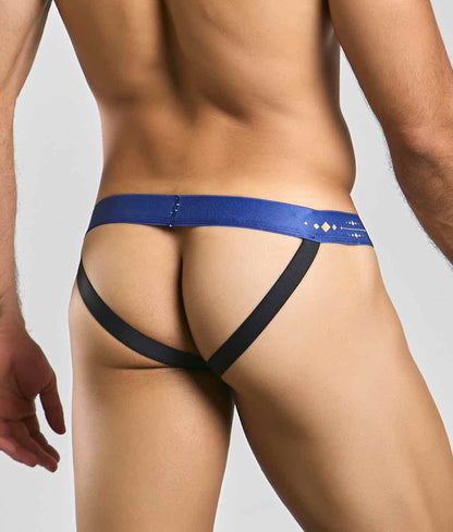 Malebasics hipster jockstrap in blue and black with decorative patterned waistband shown from the back side