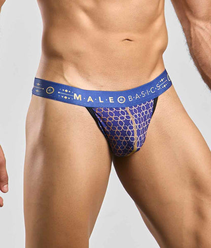 Malebasics hipster jockstrap briefs in blue and gold patterned fabric designed for male basics wear