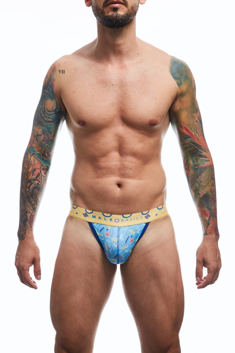 Malebasics hipster jockstrap in blue patterned fabric with yellow waistband featuring male basics branding