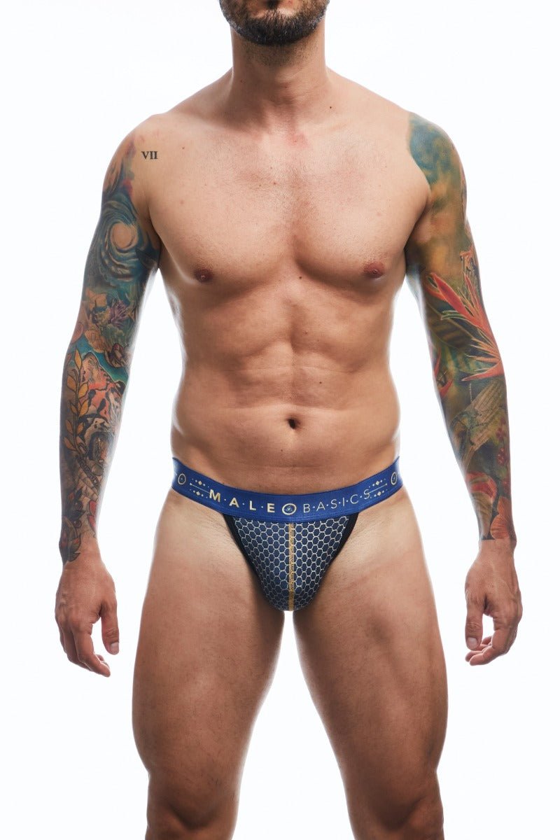 Malebasics hipster jockstrap in blue patterned briefs with honeycomb design and gold trim for men