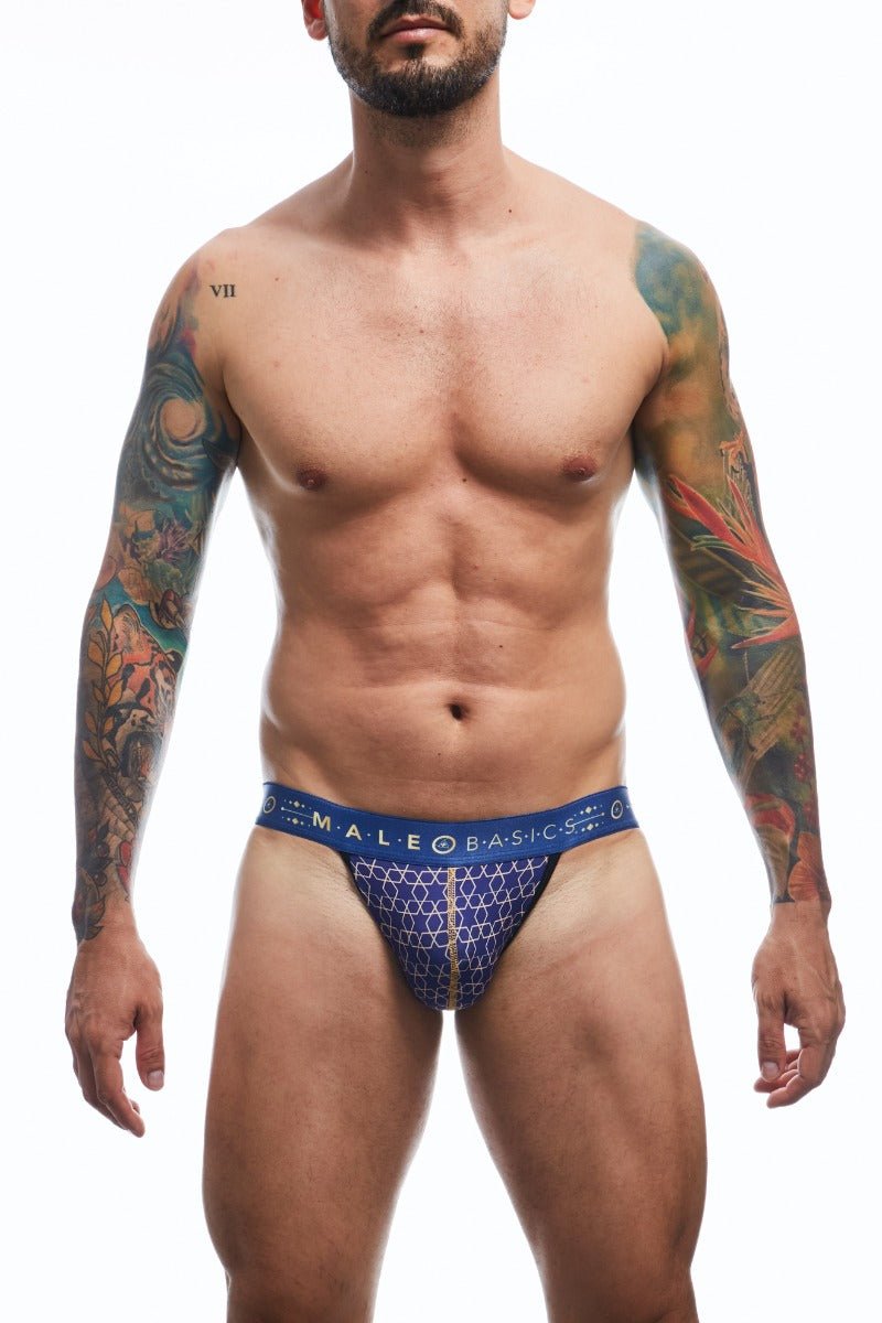 Blue patterned malebasics hipster jockstrap briefs with geometric design and male basics waistband branding