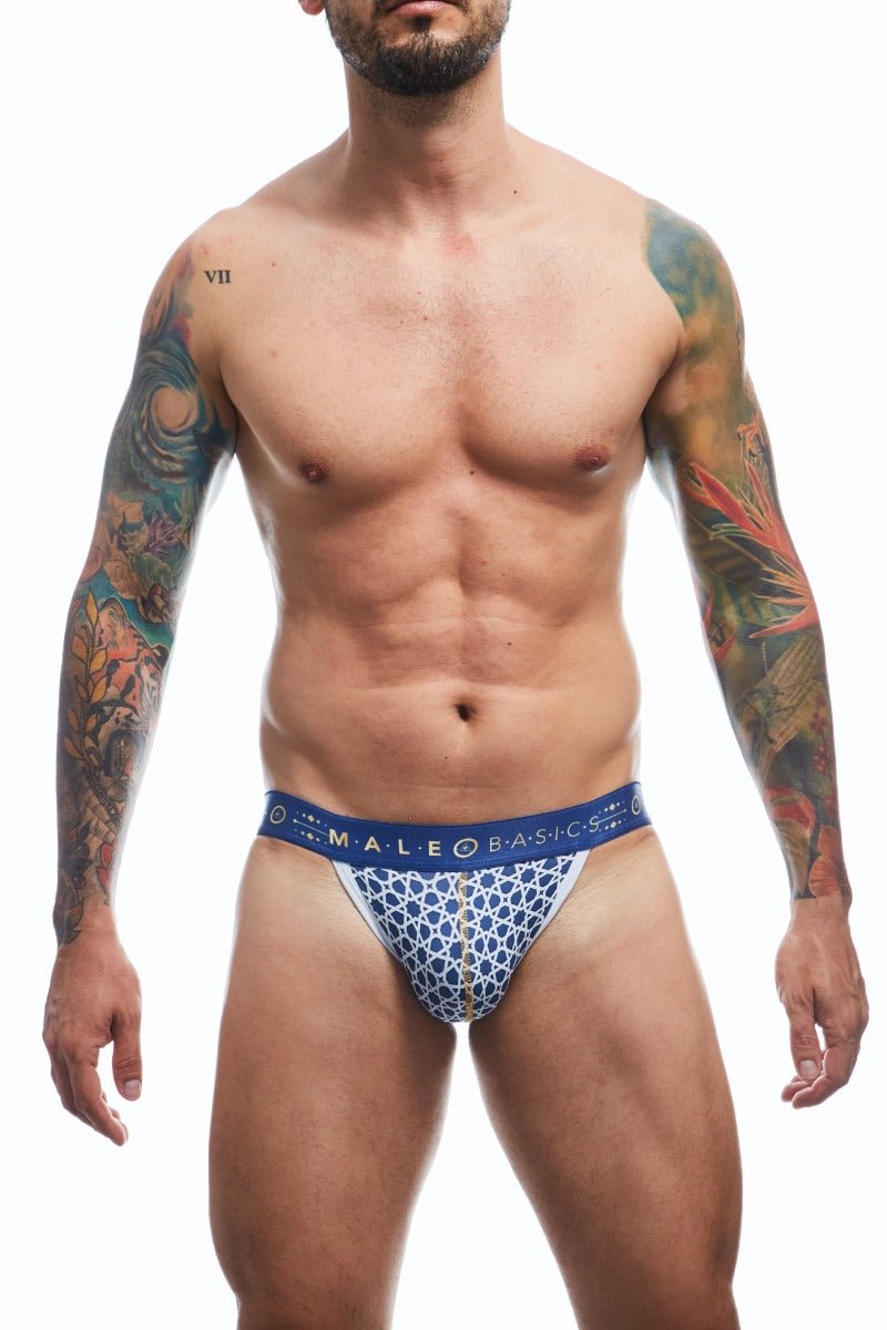 Malebasics hipster jockstrap in blue and white patterned geometric design male briefs front view