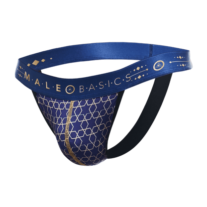 Malebasics hipster jockstrap briefs in blue and gold with a geometric pattern and comfortable supportive design