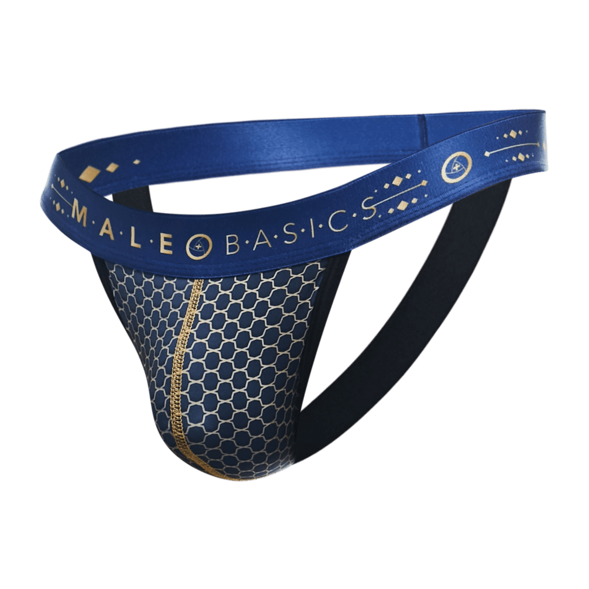 Blue malebasics hipster jockstrap featuring athletic briefs with honeycomb mesh pattern and gold trim