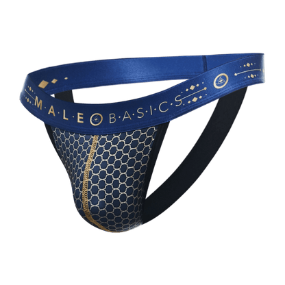 Malebasics hipster jockstrap in blue athletic briefs with honeycomb mesh pattern and gold trim front view