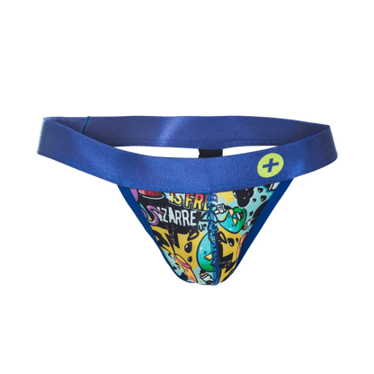 Malebasics hipster jockstrap in blue thong style with vibrant graffiti print featuring yellow black and teal colors