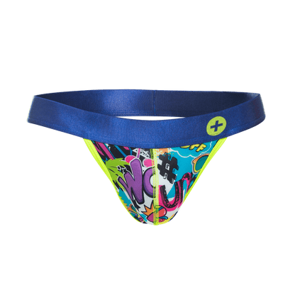 Malebasics hipster jockstrap with vibrant graffiti-style printed thong, solid blue waistband, and neon yellow trim
