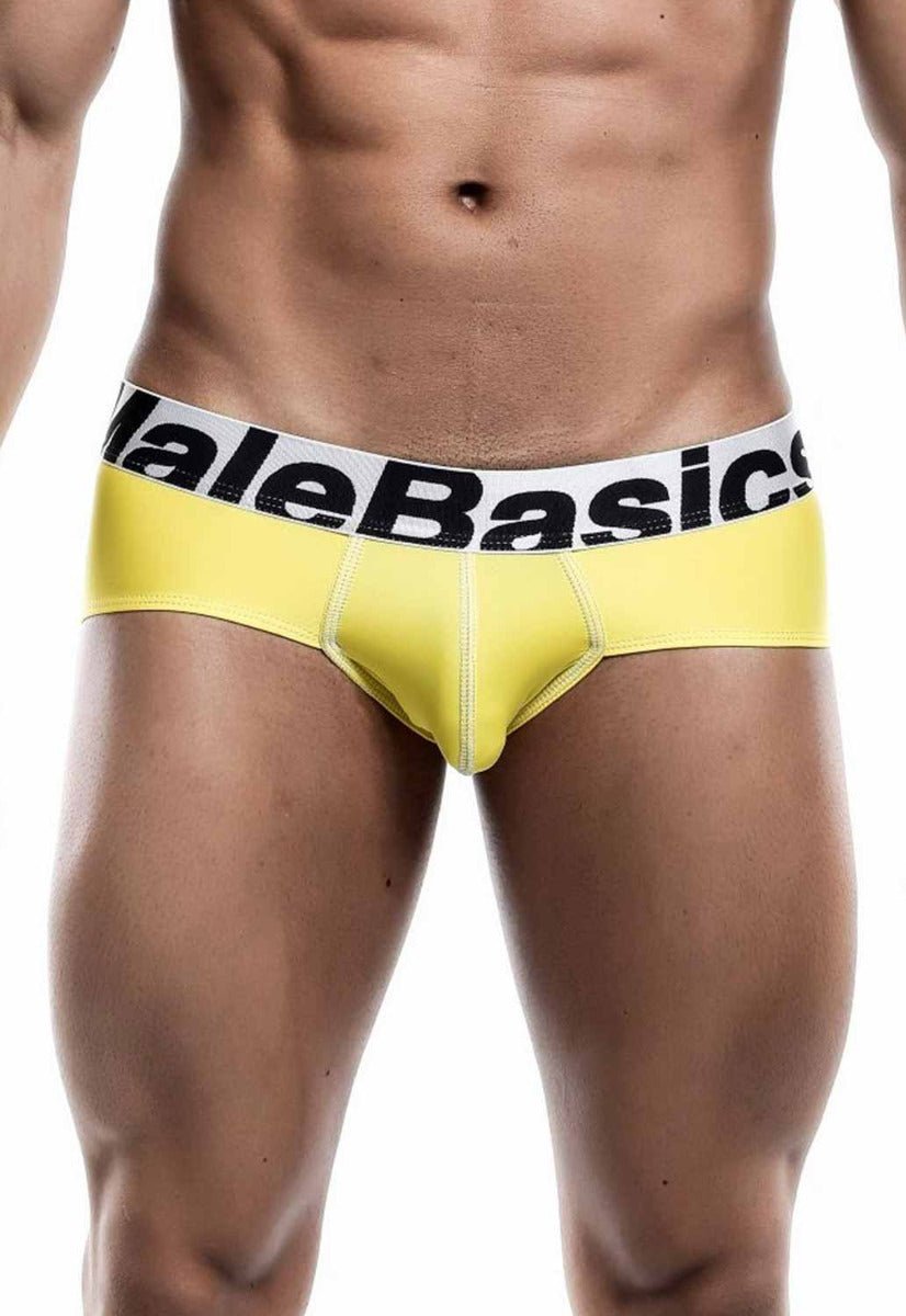 Bright yellow malebasics men’s sports performance hip briefs with white waistband and black malebasics lettering