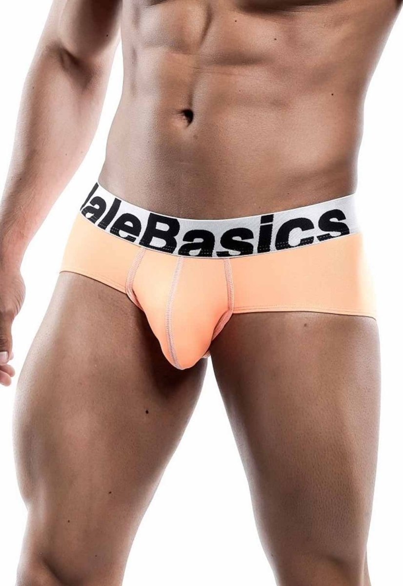 Malebasics men’s sports performance peach briefs with white waistband and black alebasics branding for active wear