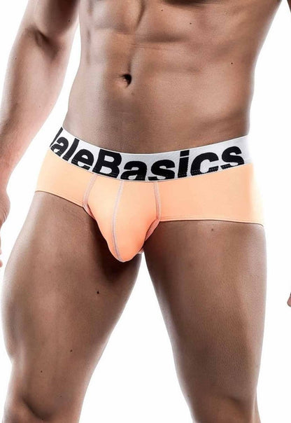 Malebasics men’s sports performance peach briefs with white waistband and black malebasics branding for active wear