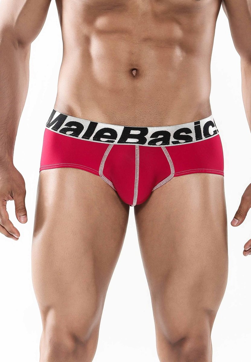 Malebasics men’s sports performance hip brief in red with a white waistband black lettering and subtle white seam stitching