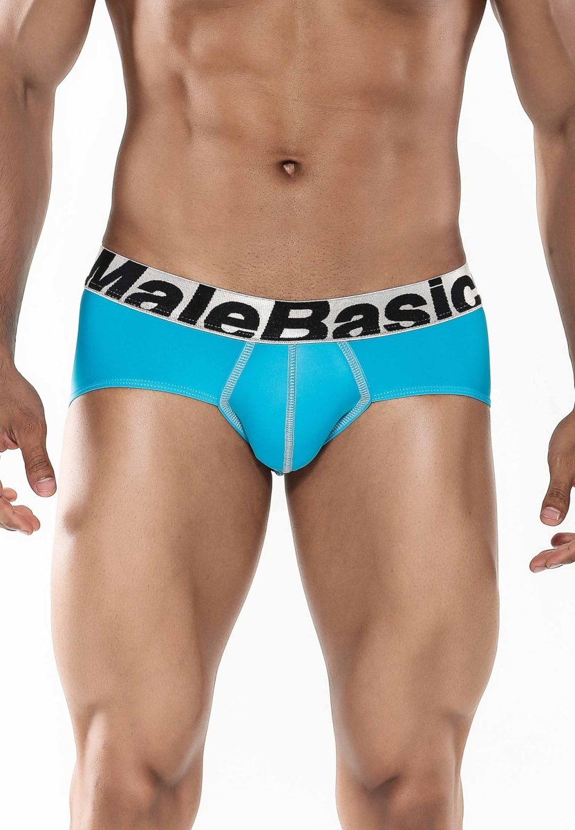 Bright blue malebasic mens sports performance hip brief with white waistband and black lettering front view