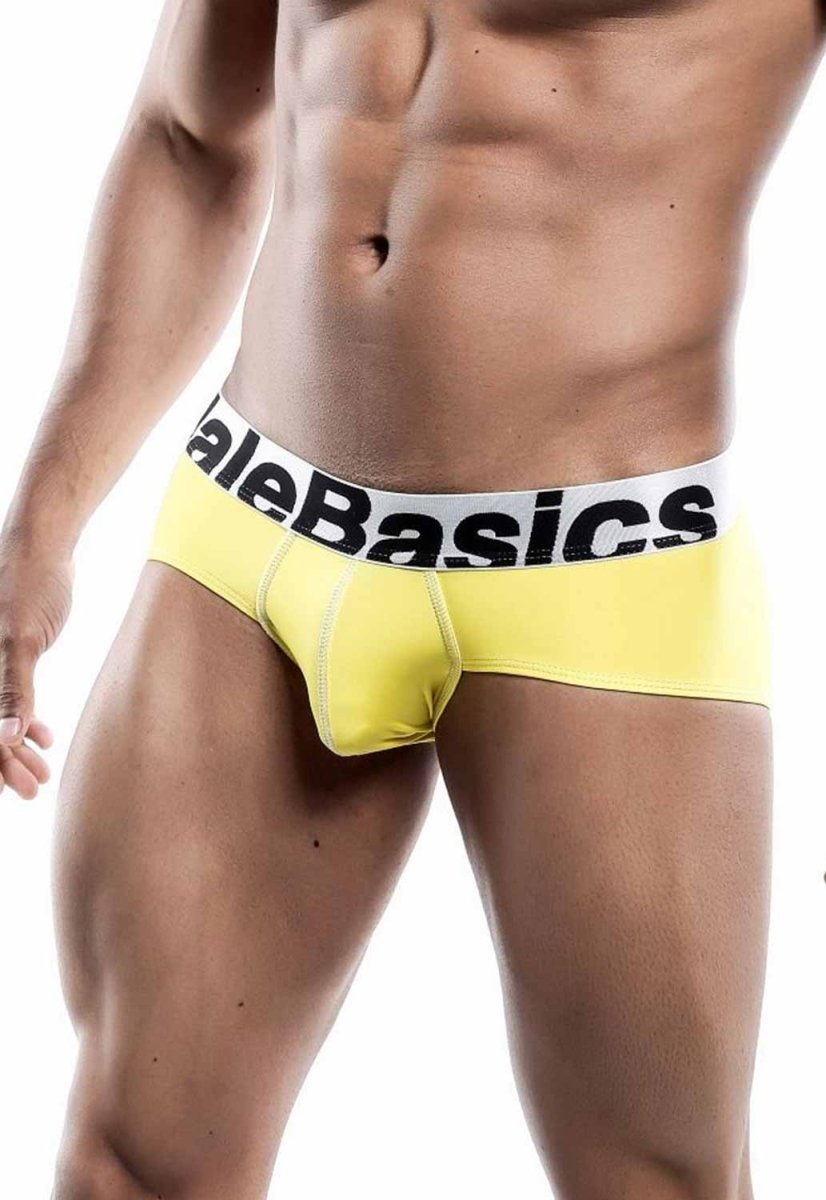 Malebasics men’s sports performance hip brief in bright yellow with white elastic waistband featuring alebasics logo