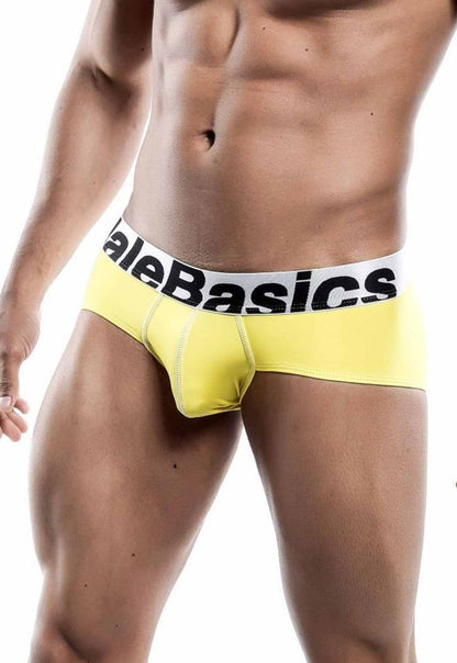 Malebasics men’s sports performance hip brief in bright yellow with white elastic waistband featuring alebasics logo