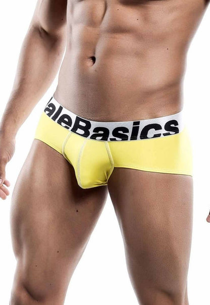 Bright yellow malebasics men’s sports performance hip briefs with white waistband and black logo text