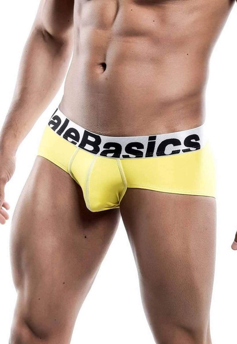 Bright yellow malebasics men’s sports performance hip briefs with white waistband and black logo text