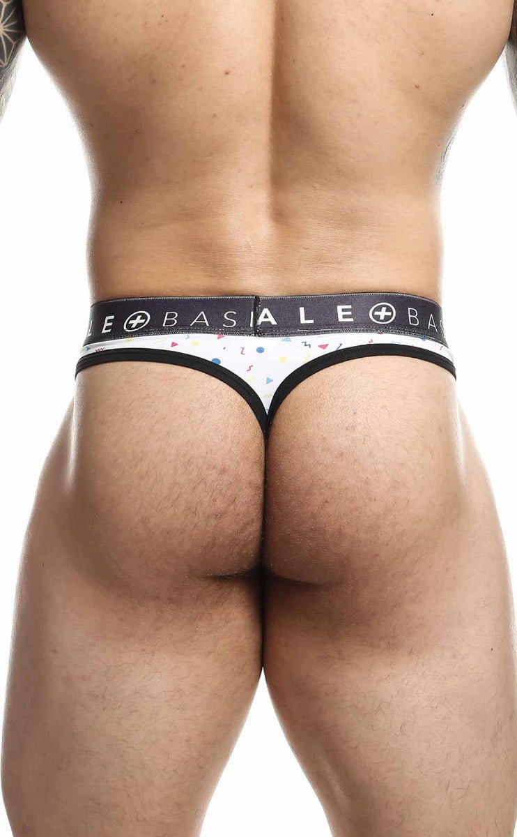 Malebasics mens thong sexy pouch in white with black trim colorful confetti dots and basiale branded waistband