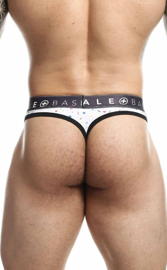 Malebasics mens thong sexy pouch in white with black trim colorful confetti dots and basiale branded waistband